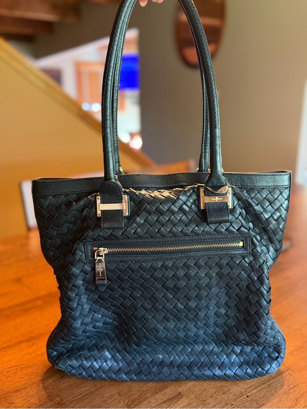 Cole Haan EUC Black Woven Leather Tote Silver Hardware - Picture 2 of 3